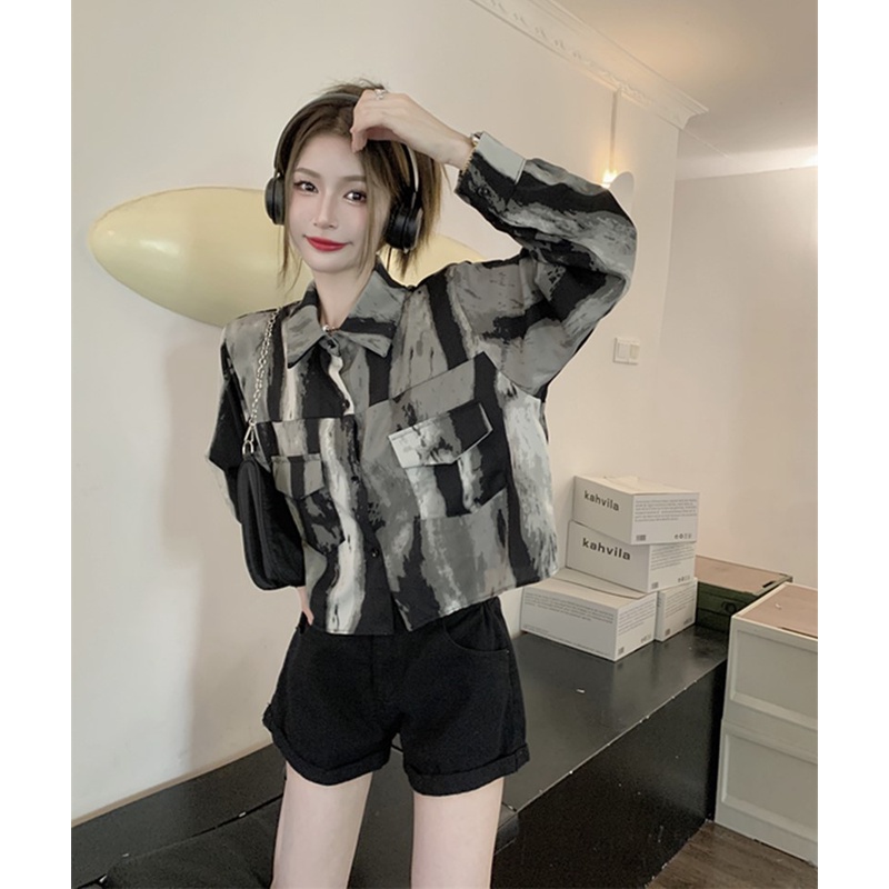 Áo Sơ Mi Ngắn Tay Dài Nhuộm Màu Xám Thiết Kế Mới Phong Cách retro Mỹ Dành Cho Nữ