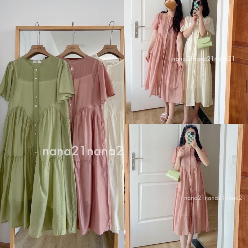 [Ảnh thật/Video]Đầm voan tơ Little kèm hai dây mặc trong hàng đẹp thiết kế cúc ngực tiểu thư Đầm maxi dámg dài đi biển