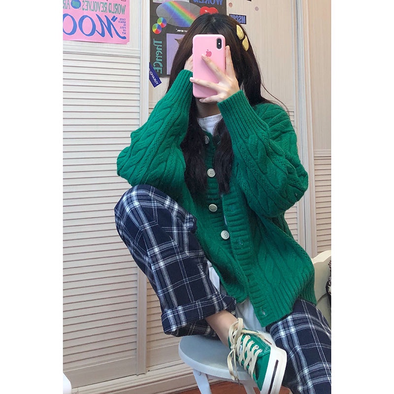 Áo Cardigan Dệt Kim Tay Dài Dáng Rộng Màu Xanh Lá Thiết Kế Mới Thời Trang Dành Cho Nữ