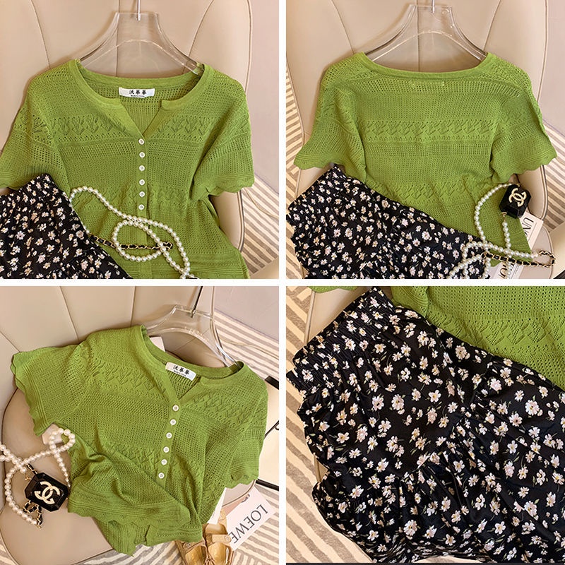 Bộ Áo cardigan Viền Gợn Sóng + Chân Váy Hoa Lưng Cao Xinh Xắn Theo Phong Cách Mới