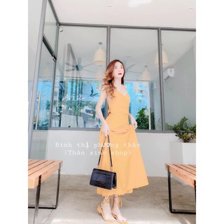 Đầm tơ đũi 2 dây đan nơ lưng