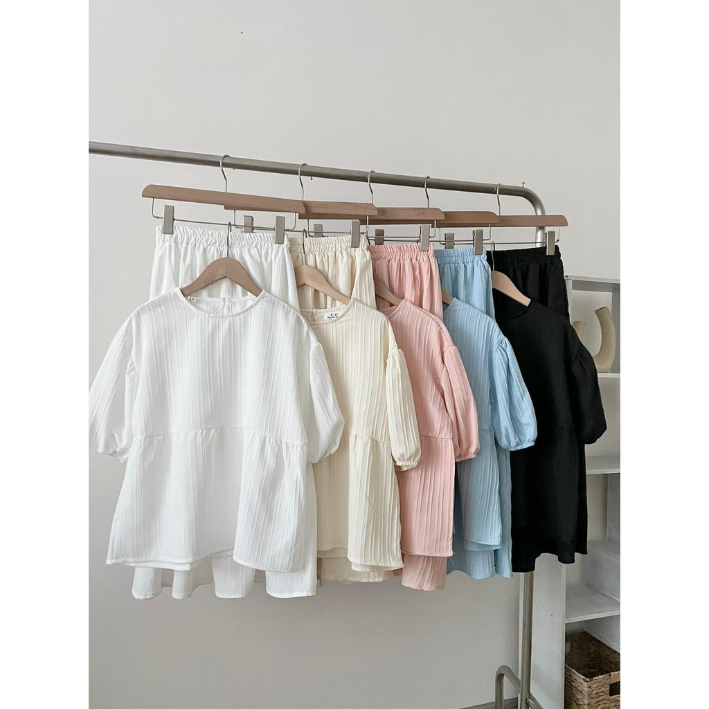 Set áo gân tay bồng kèm chân váy dáng dài 5 màu