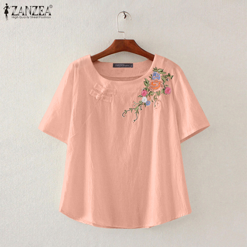 Áo blouse ZANZEA thêu hoa tay ngắn cổ tròn rộng rãi thông thường