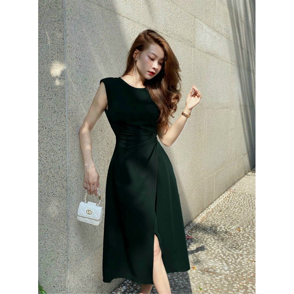 Đầm dự tiệc dáng xòe,váy cổ tròn nhún eo xẻ tà tôn dáng body chất liệu tằm ý full 2 lớp dự tiệc dạo phố XM Minh Phúc