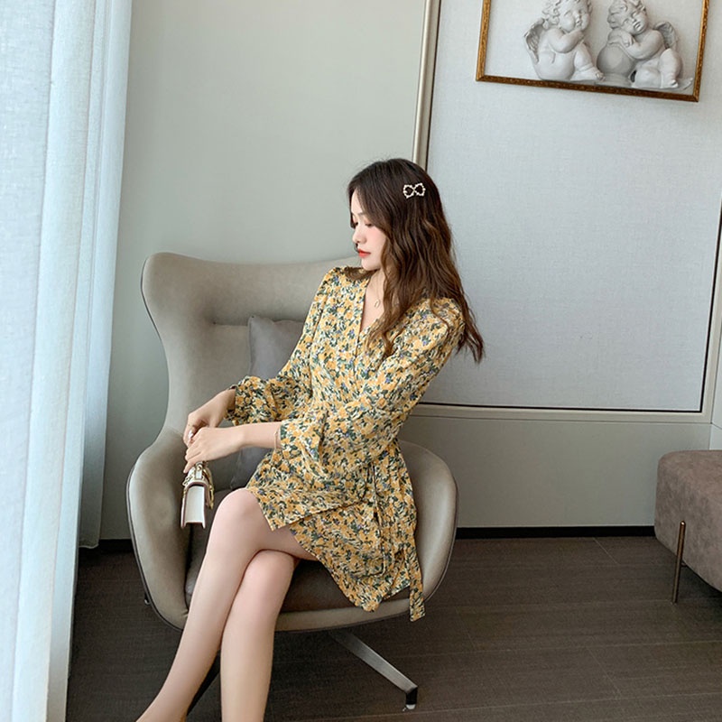 IELGY IELGY Đầm chiffon Chữ A Tay Dài Dáng Ôm In Họa Tiết Hoa Thời Trang Cho Nữ