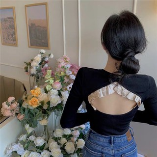 (ORDER) Áo kiểu nữ thun cộc tay hở lưng phối bèo điệu đà ôm body sang trọng nhẹ nhàng Hàn Quốc (NEW 2020) (HÀNG_MỚI)