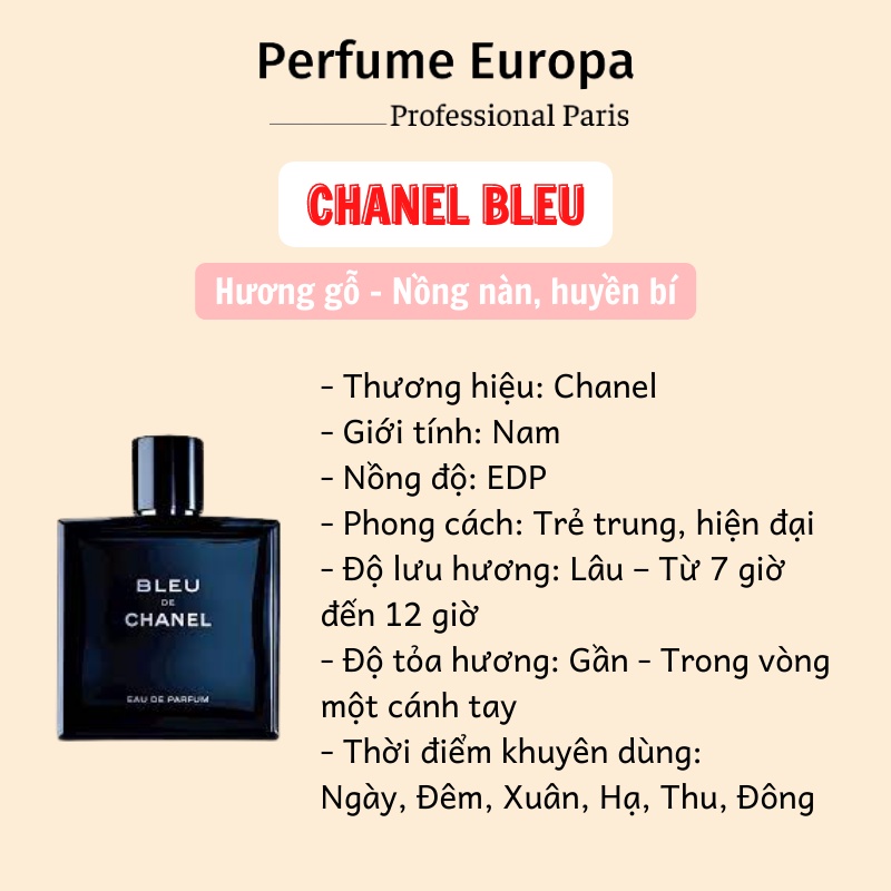 Nước Hoa Nam Chanel Bleu De Chanel EDP 100ml, dầu thơm Chanel chính hãng thơm lâu sang trọng, trẻ trung