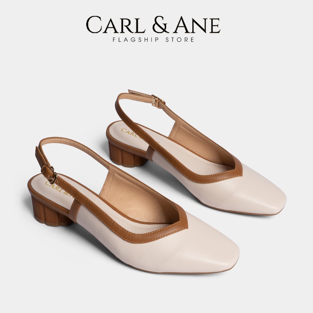 Carl & Ane - Giày cao gót thời trang mũi vuông hở gót phối dây tinh tế cao 3cm màu kem nhạt _ CL005