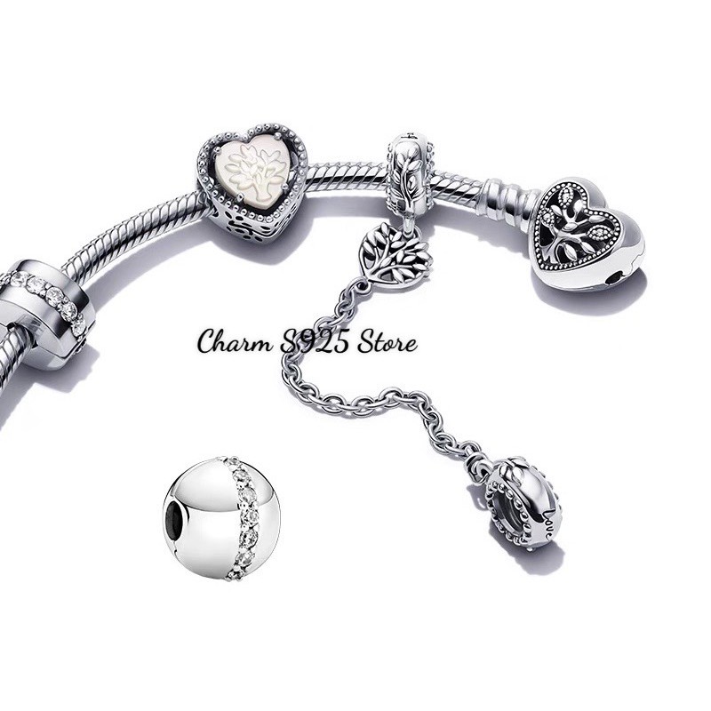 charm pan khoá chặn viền đá trắng giữa hạt bạc s925 cao cấp