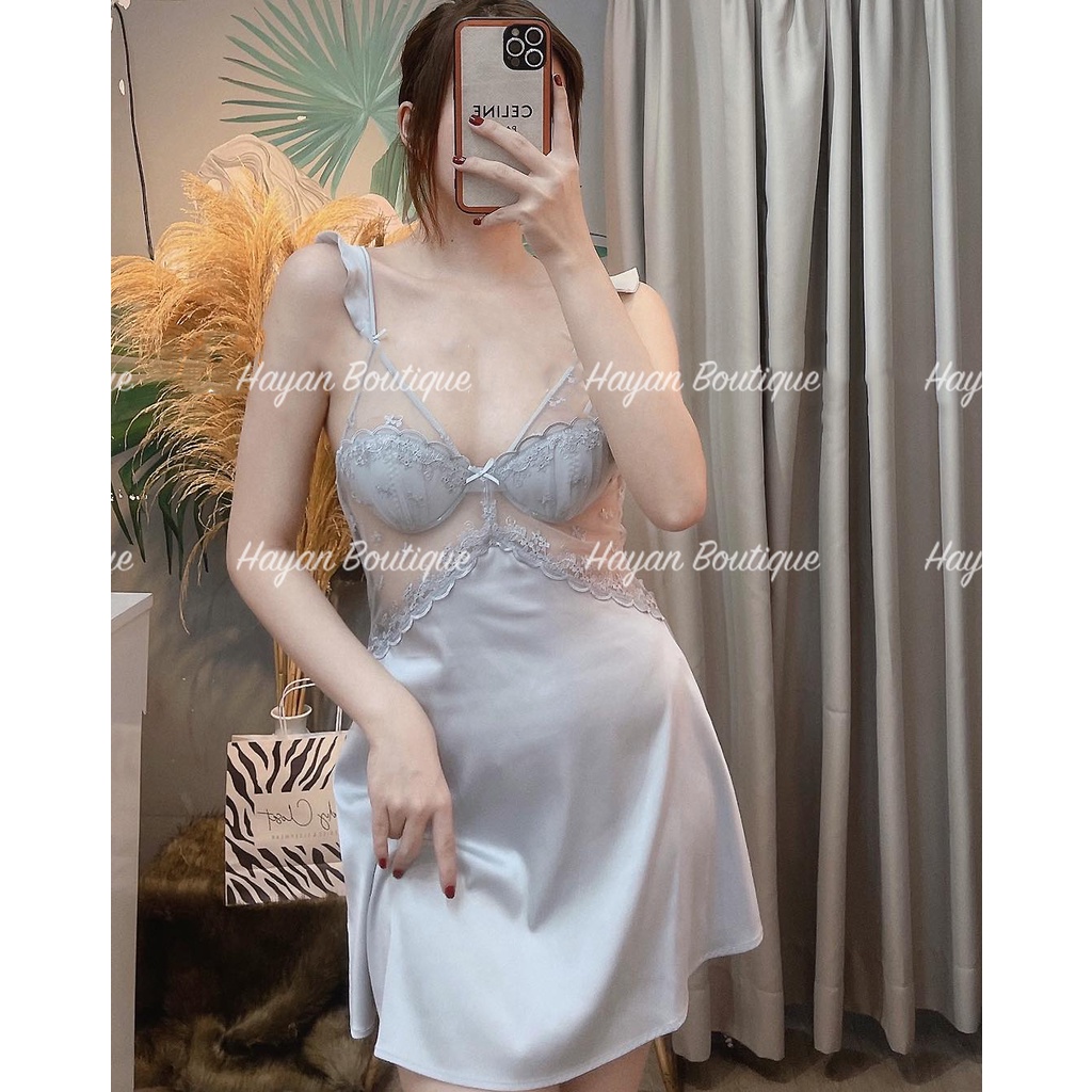 HT140 Váy ngủ sexy ngực vỏ sò gợi cảm kèm ĐỆM LÓT, váy ngủ lụa phối ren mềm mại HT140