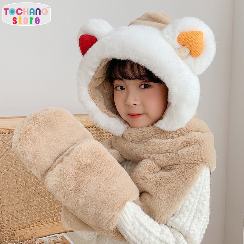 Mũ Lông Cừu Tai Gấu Kèm Khăn Quàng Cổ Và Găng Tay Ấm Áp Ulzzang Hàn Quốc Cho Bé Mùa Thu Đông
