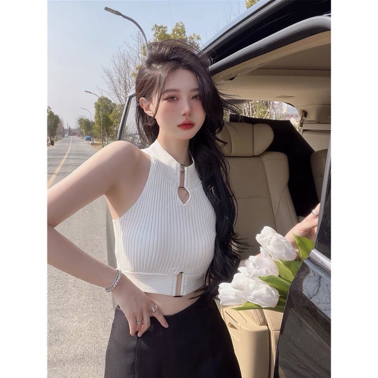 Áo Dệt Kim Hai Dây Màu Trắng Khoét Rỗng Thời Trang Mùa Hè Hàng Mới Dành Cho Bạn Nữ