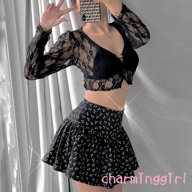Áo croptop tay dài cổ chữ V phối ren quyến rũ dành cho nữ