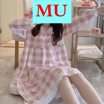 Đồ ngủ cotton tay dài phối ren họa tiết sọc caro phong cách công chúa thời trang xuân thu cho nữ