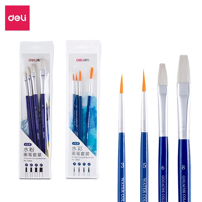 Deli Bộ cọ vẽ màu nước chuyên nghiệp set 4 cây dùng cho màu nước/bột/sơn acrylic dễ dàng rửa sạch màu dùng Brush
