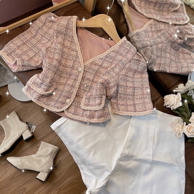 Set 2 món: Áo dạ hồng viền+ short trắng