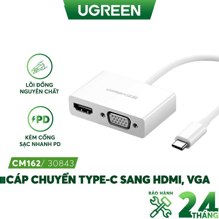 Bộ chuyển đổi USB type C sang HDMI + VGA vỏ nhôm dài 10cm UGREEN CM162