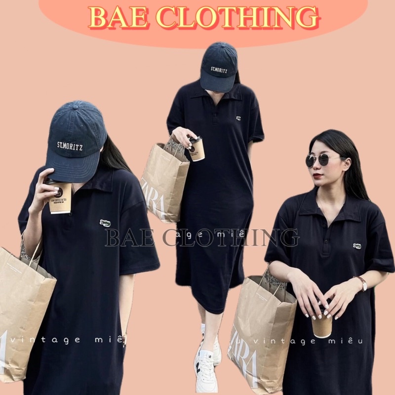 ĐẦM ĐEN POLO LACOS thiết kế TAY NGẮN form suông dài oversize cổ sơmi style ullzang basic hàn quốc