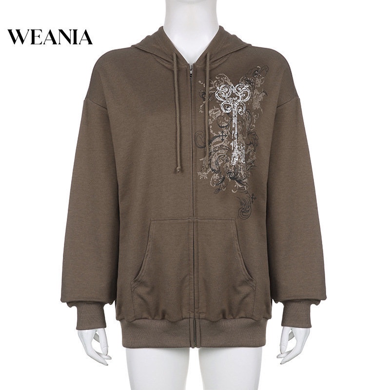 Áo Khoác Hoodie Dáng Rộng In Họa Tiết Vintage Phối Túi Cá Tính Cho Nữ