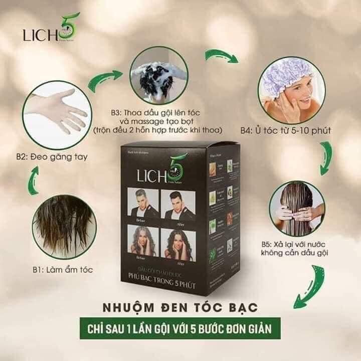 Dầu gội nhuộm phủ bạc đen tóc Lich5 (10 gói/hộp)