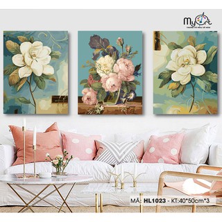 Bộ tranh sơn dầu số hóa tự tô màu DIY 3 bức - Mã HL1023S Tranh hoa nhài hoa trà hiện đại trang trí