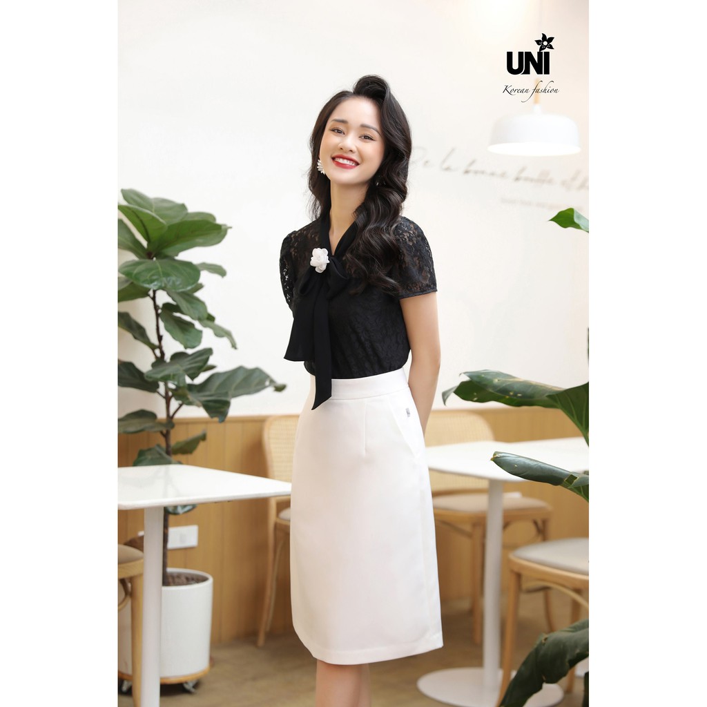 Chân Váy Chữ A UNIVTH Công Sở Cạp Cao Đen Trắng 5CA184 Uni Korean Fashion