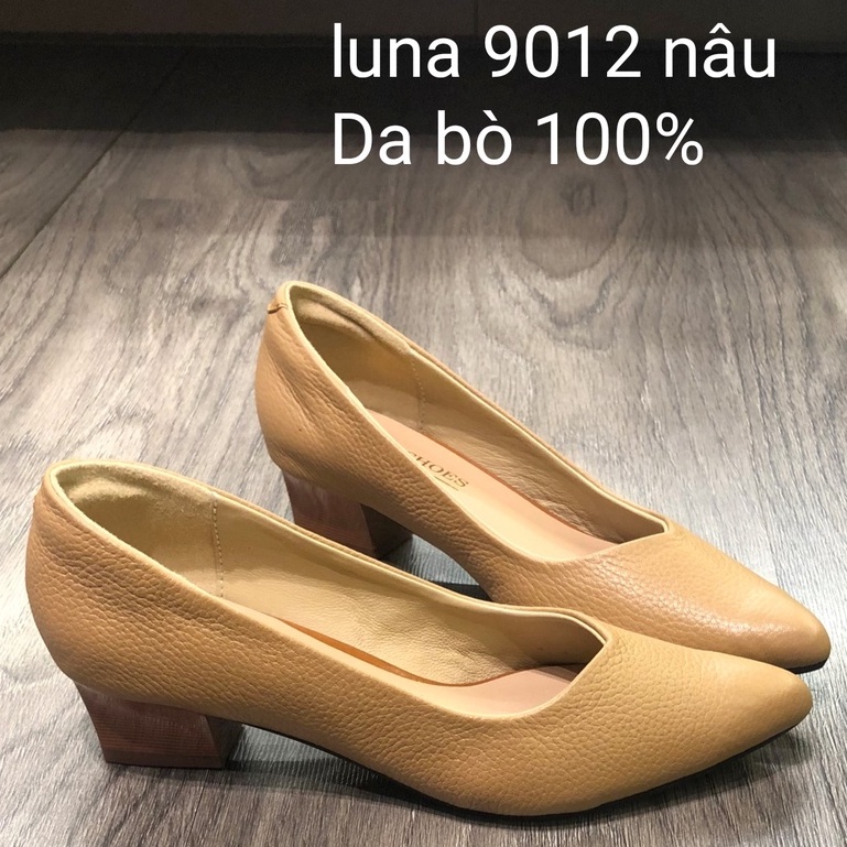 Giày cao gót nữ 3p da bò thật LUNASHOES 9012 giầy cho mẹ mềm êm chân guốc màu đỏ kem đen nâu trắng bảo hành 2 năm