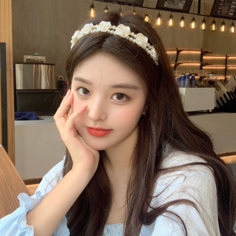 Băng Đô Cài Tóc Hai Lớp Đính Hoa Hồng Ngọc Trai Phong Cách Hàn Quốc Ngọt Ngào Cho Nữ