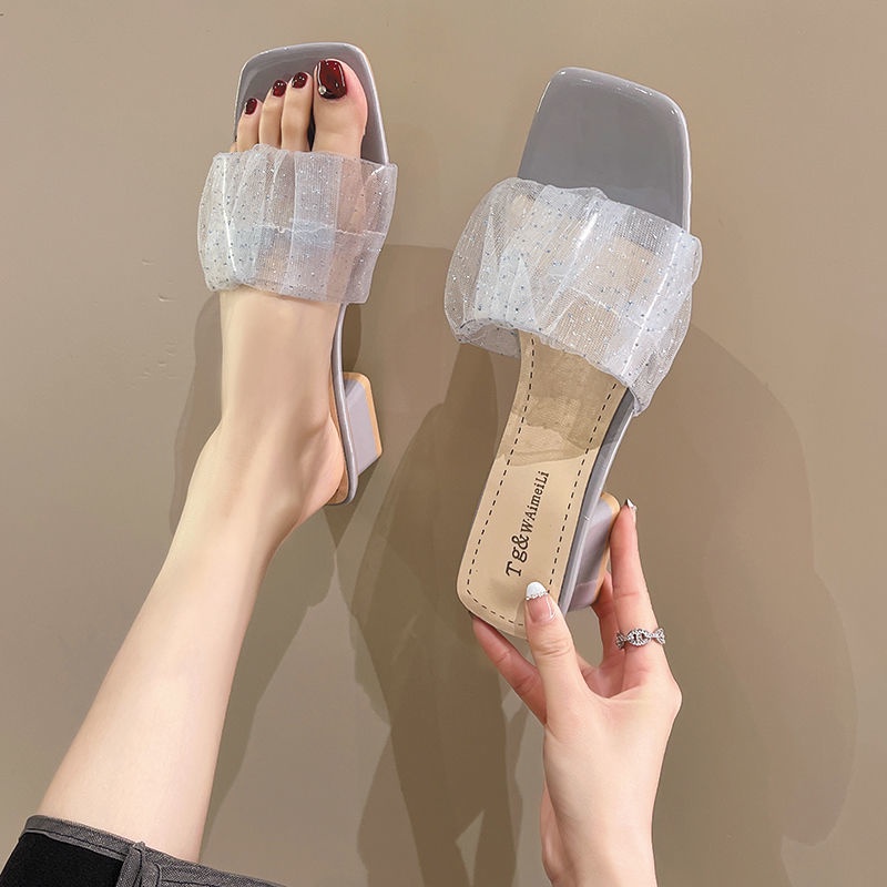Dép Xỏ Ngón Đế Dày Mũi Vuông Đính Pha Lê Thời Trang Cho Nữ