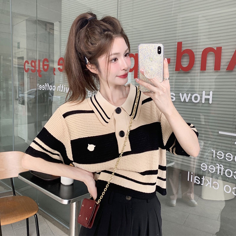 Áo Thun POLO Dệt Kim Tay Ngắn Dáng Rộng Họa Tiết Kẻ Sọc Phong Cách Cổ Điển Thời Trang Mới Cho Nữ
