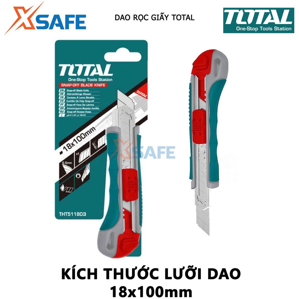 Dao rọc giấy TOTAL THT511836 Dao cắt giấy chiều dài 169mm, kích thước lưỡi 18mmx100mm, kèm 3 lưỡi SK5, nút nhấn phẳng