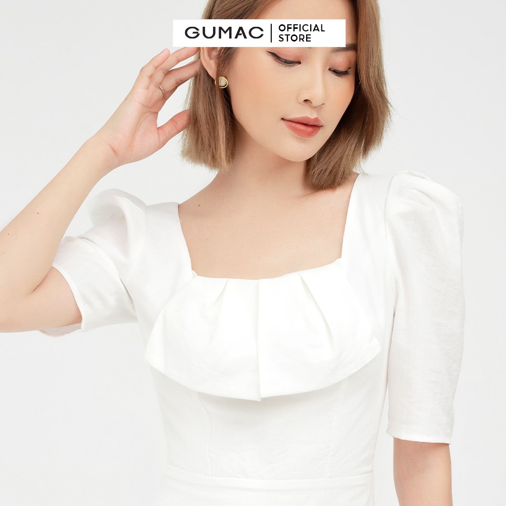 [Mã MABR07062 giảm 8% tối đa 50K đơn từ 249K] Đầm xòe nữ cổ vuông dập ly GUMAC màu trắng tay lỡ dự tiệc sang trọng DB501 | BigBuy360 - bigbuy360.vn