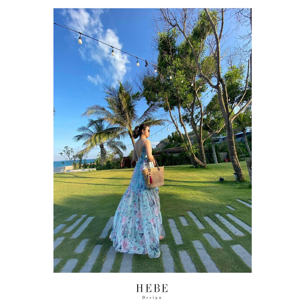 Đầm xanh dây họa tiết hoa hồng_HebeDesign_