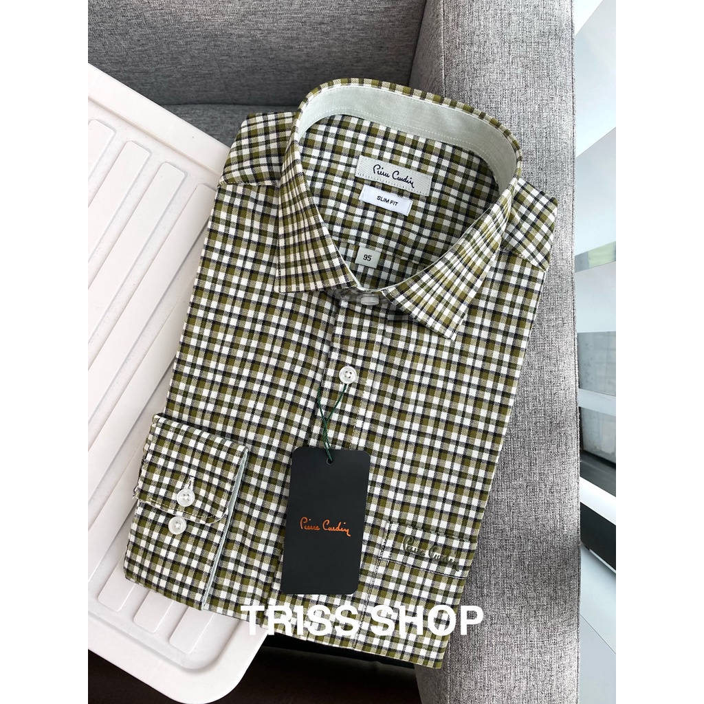 Áo sơ mi nam dài tay Pierre Cardin 11 xuất Hàn họa tiết caro cao cấp chất cotton thấm hút mồ hôi tốt mềm mại form slim