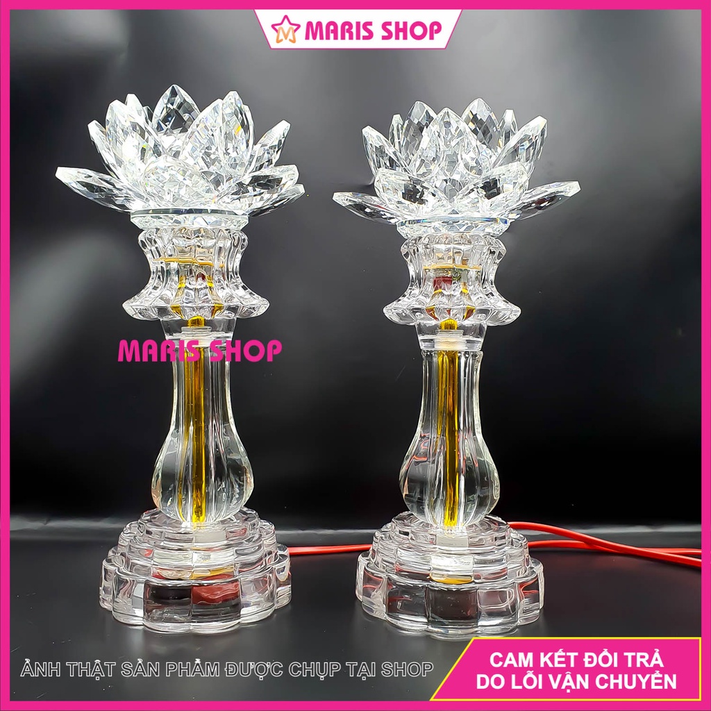 Đèn Bàn Thờ Sen PHA LÊ Cao Cấp Nguyên Khối Phát Sáng Toàn Thân Cao 26cm Sử Dụng Mạch LED Cao Cấp