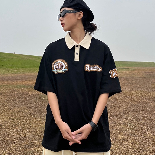 Áo polo Ngắn Tay Dáng Rộng Cổ Đứng Thêu Họa Tiết Đơn Giản Theo Phong Cách Retro Dành Cho Nữ