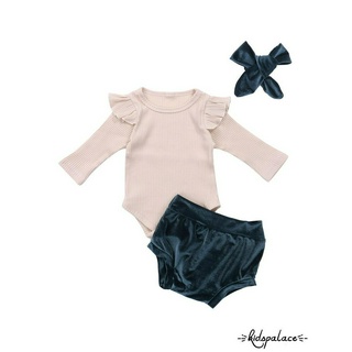 ➤♕❀❤Bộ đồ mùa hè cho bé gái, Áo liền quần dài tay cổ chữ O in hình + Quần short thông thường + Băng đô 3 miếng