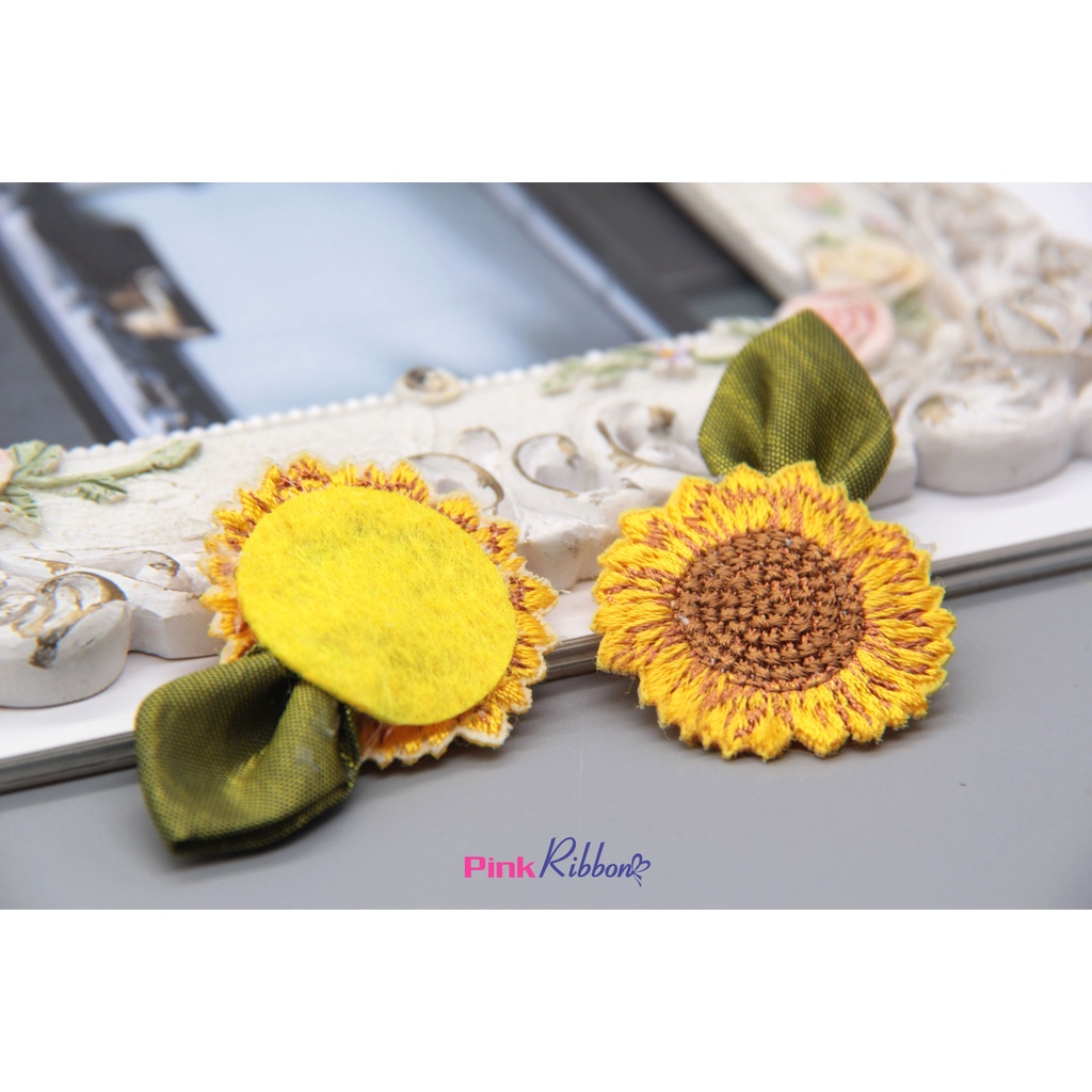 Set 2 bông - Hoa hướng dương thêu có lá - Phụ kiện thời trang may mặc