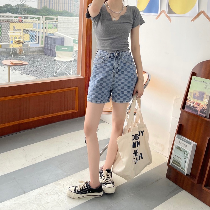 Quần Short Denim Ống Rộng Lưng Cao Phối Họa Tiết Caro Trẻ Trung Cho Nữ