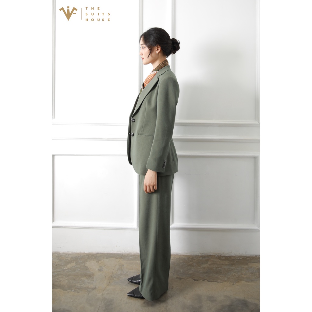 Bộ vest nữ xanh rêu ống rộng, suits sartorial chất Linen The Suits House