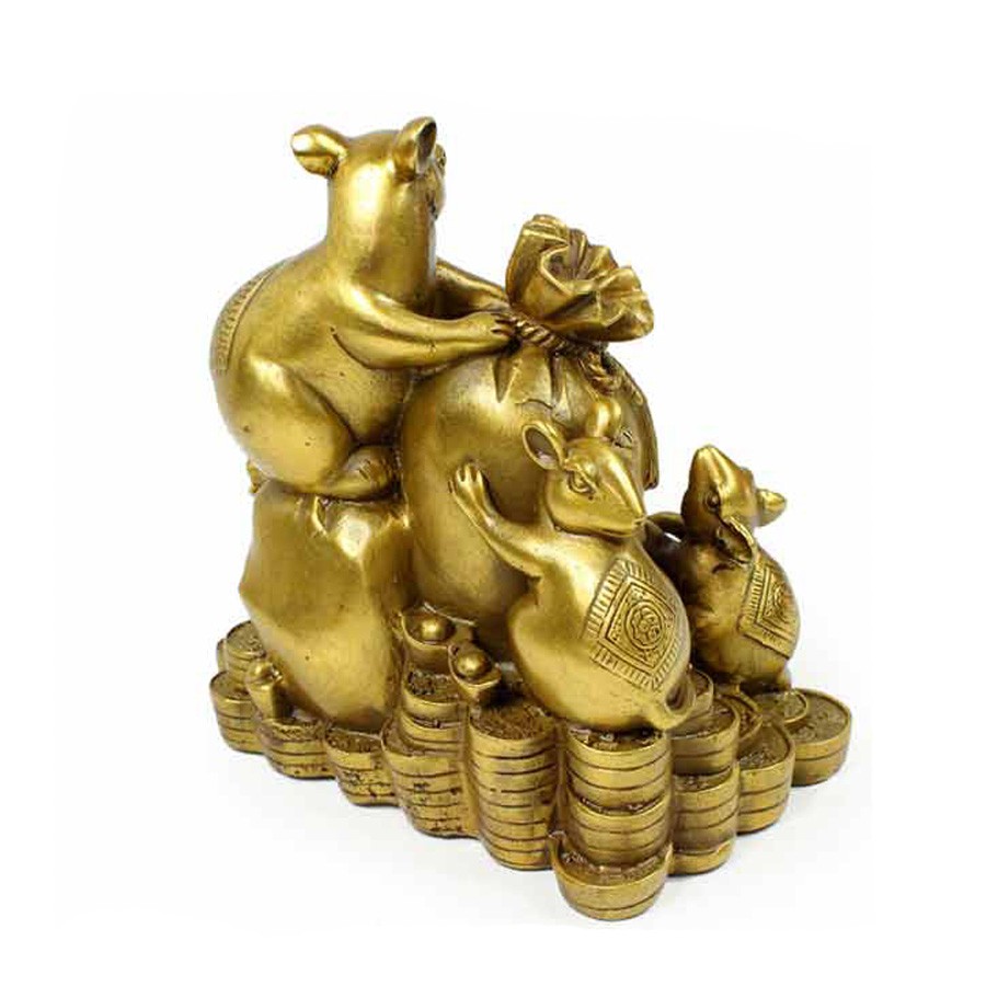 Tượng đàn chuột ôm túi tiền ngũ thử thần tài bằng đồng thau phong thủy Hồng Thắng