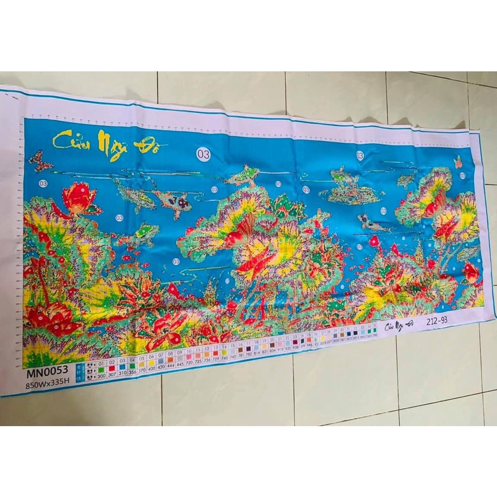 tranh thêu chữ thập cá chép hoa sen cửu ngư quần hội khổ lớn hơn 2m