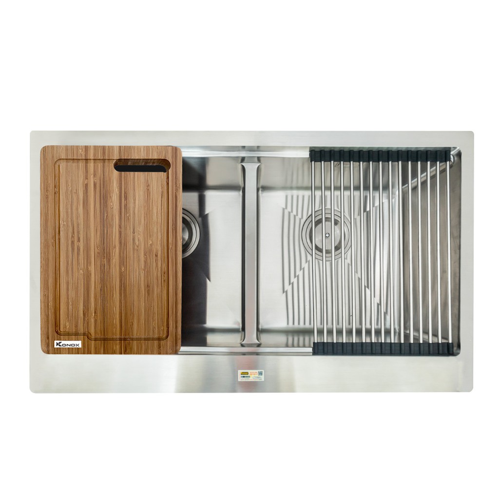 Chậu rửa bát inox đúc nguyên khối KONOX Apron Series KN8750DA, inox 304AISI, full set gồm Siphon+Thớt gỗ+Rollmat
