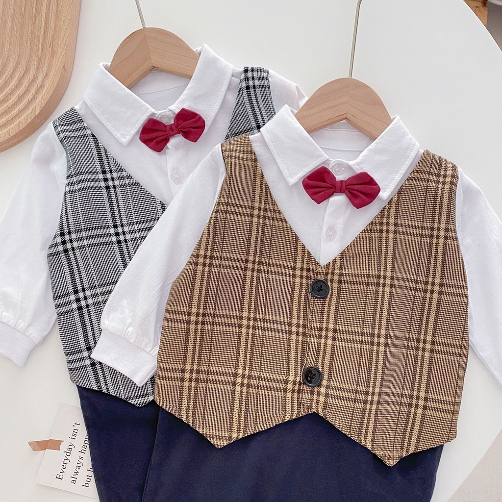 Sanlutoz Áo Liền Quần Dài Tay Họa Tiết Caro Thời Trang Cho Bé Trai