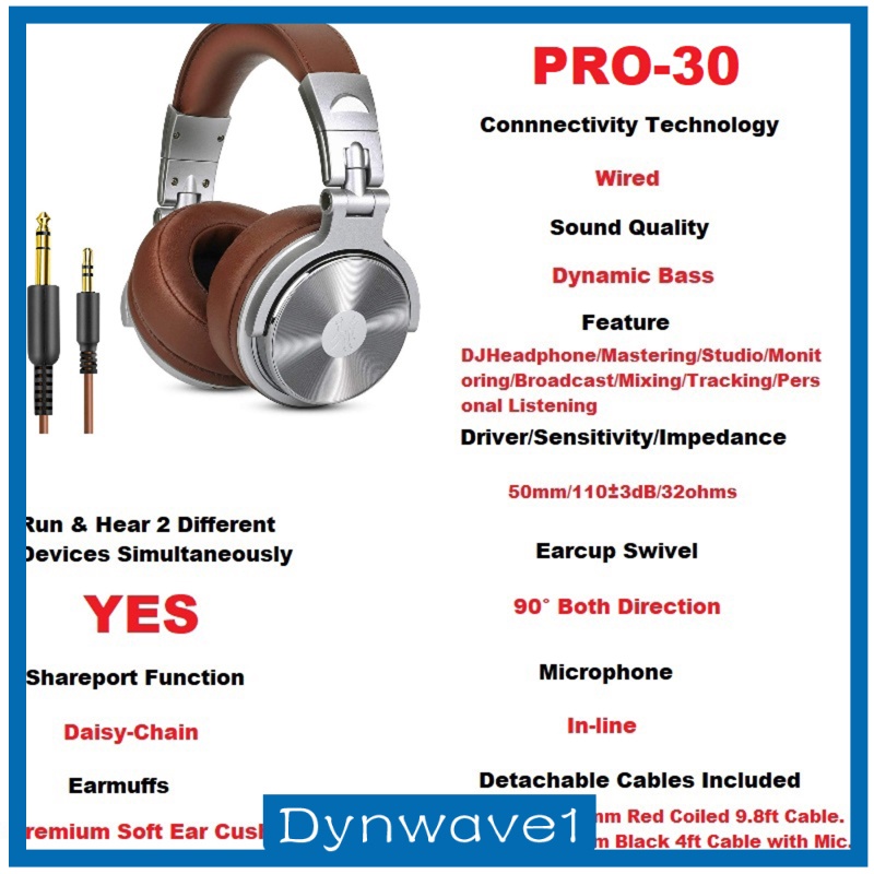 [DYNWAVE1] Over Ear Headphones Studio Monitor Mixing DJ Stereo Headsets Noise Reduction