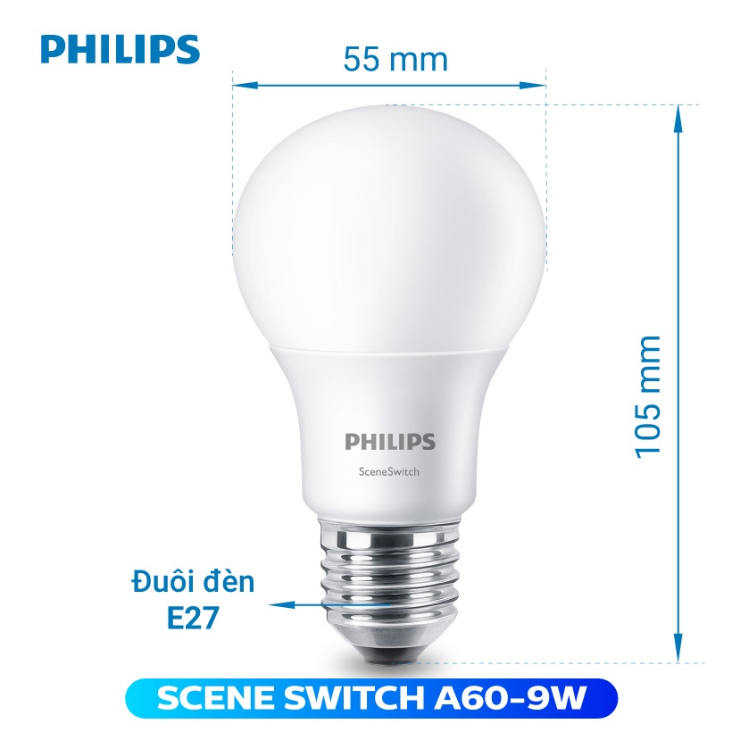 Bộ 2 Bóng đèn LED Philips Scene Switch 9W 3 cấp độ 6500K E27 A60 - Ánh sáng trắng