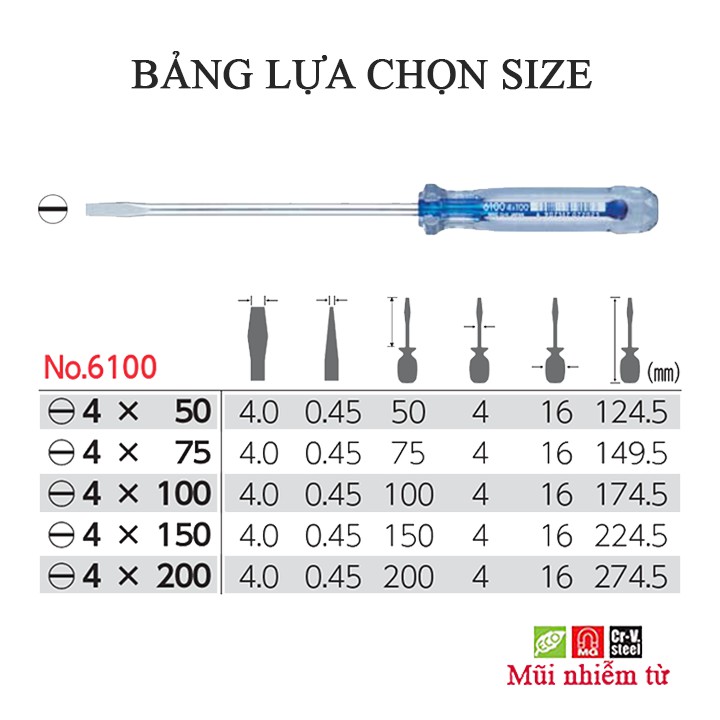 Tô vít mũi dẹt (thân mảnh) cán nhựa trong No.6100 Vessel (Nhật bản)