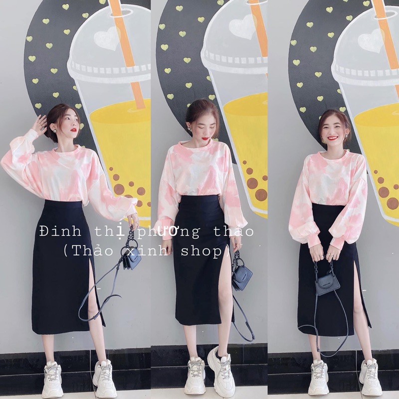 ♻️Set Váy Xẻ Tà + Croptop Tay Dài Loan Màu♻️