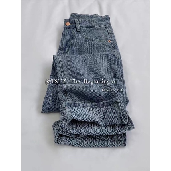 Quần jeans ống suông hoạ tiết ziczac mờ phong cách Hàn Quốc Aimee closet