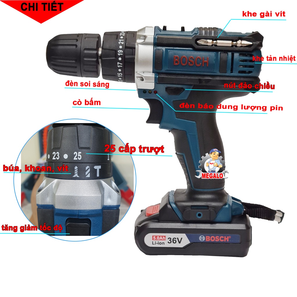 Máy khoan pin bosch 36v 3 chức năng, bắt vít khoan tường có búa